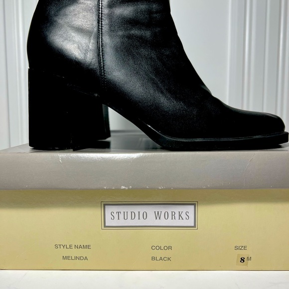 Studio Works_Black Ankle Boots 3” Chunky Heel_Leather Upper - Picture 6 of 11